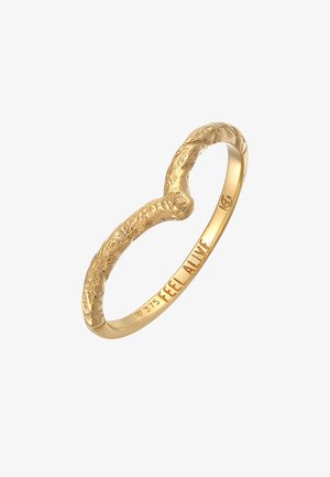 Gouden ring met een gestructureerd, golvend ontwerp. Kenmerkt de gravure "VOEL JE LEVEN" aan de binnenzijde van de band. Gemaakt van 375 goud.