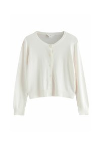 Valkoinen neuletakki, joka on valmistettu pehmeästä neulekankaasta. Siinä on pyöreä pääntie, pitkät hihat ja napit edessä. Lyhyt malli.