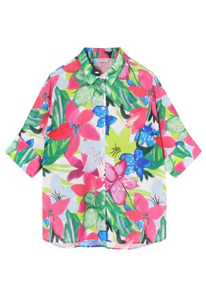 Hemd mit Knopfleiste, das ein lebhaftes florales Muster in Pink, Blau und Grün auf einem weißen Hintergrund zeigt. Kurzärmeliges Design und klassischer Kragen.