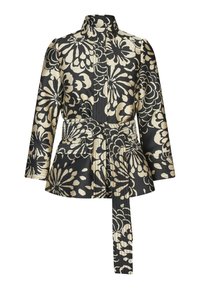 Jakna s cvetnim vzorcem v črni in zlati barvi, izdelana iz teksturiranega materiala. Ima visok ovratnik, dolge rokave in pas, ki omogoča oprijet videz.