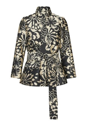 Blomsterpræget jakke i sort og guld, lavet af tekstureret stof. Har højt krave, lange ærmer og en taljebinding for et tætsiddende look.