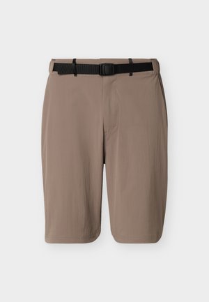 Light brown knee-length shorts with a black adjustable buckle belt, front pockets, and a smooth, wrinkle-free fabric texture.