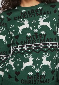 Grüner gestrickter Weihnachtspullover mit weißen Rentieren, Schneeflocken, Herzen und dem Text "FROHE WEIHNACHTEN!" in Schwarz. Gepunktetes horizontales Band.