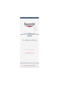 Eucerin UreaRepair PLUS 5% Urea Lotion, white box with blue and pink accents, features text detailing ingredients and skin benefits.