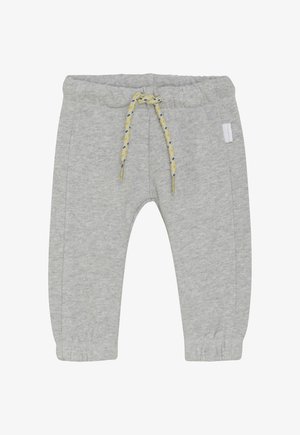 Pantalon de survêtement gris clair pour tout-petit avec taille et poignets élastiques, avec un cordon jaune et bleu à l'avant au centre.