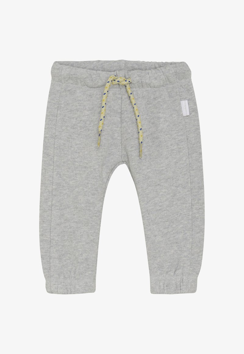 Pantalon de survêtement gris clair pour tout-petit avec taille et poignets élastiques, avec un cordon jaune et bleu à l'avant au centre.