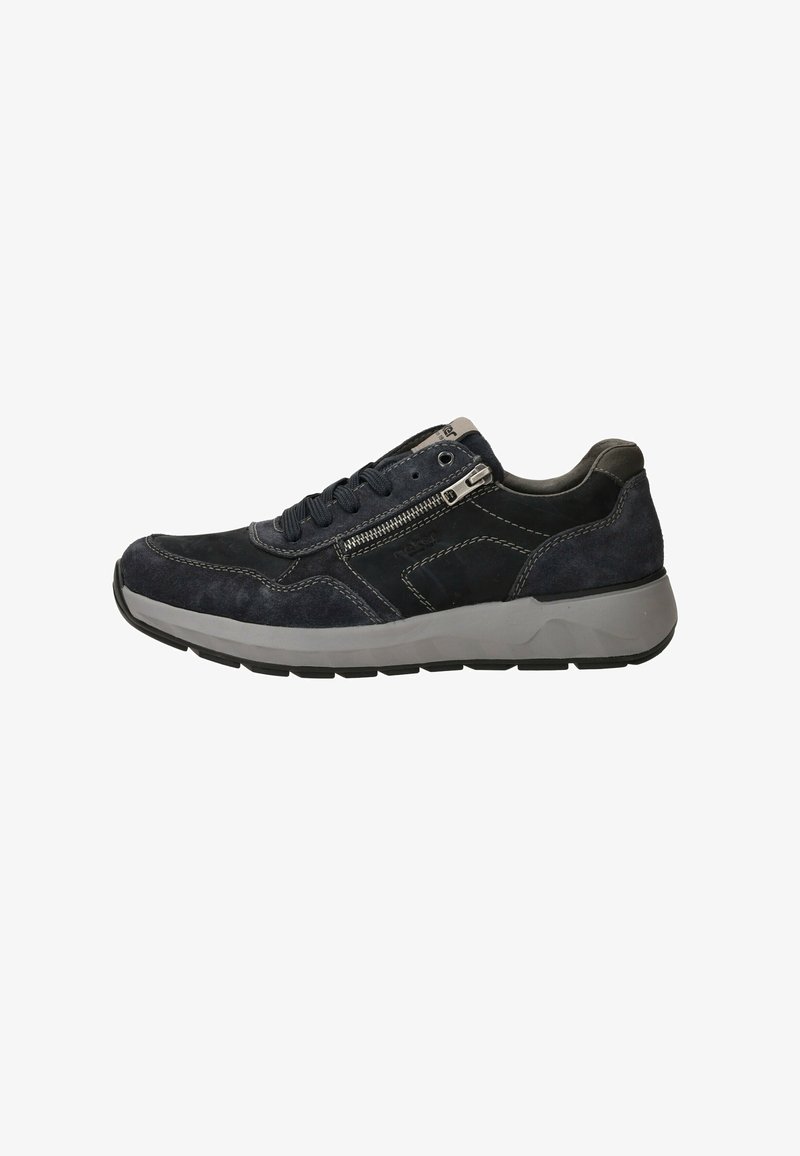 Navy suede sneakers with a gray rubber sole, featuring lace closure and a silver zipper accent on the side. Stitch detailing visible.