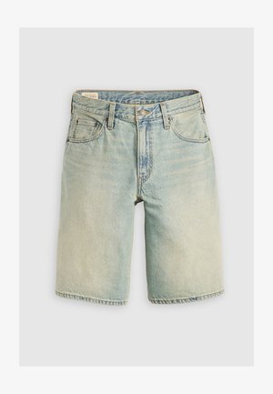 Jasnoniebieskie szorty dżinsowe o luźnym kroju, pięciokieszeniowe, z metalowym zapięciem na guzik i kontrastowym przeszyciem. Miękka tekstura.