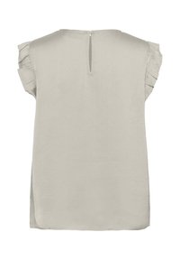 Blouse légère beige clair à manches courtes avec des manches à volants, col rond et fermeture à bouton à l'arrière. Tissu doux et légèrement texturé.