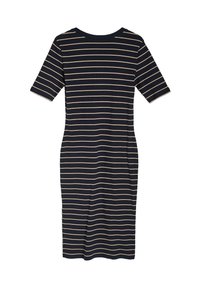 Granatowa sukienka w prążki z krótkimi rękawami, okrągłym dekoltem i poziomymi, kremowymi paseczkami. Gładka tekstura, dopasowany kształt, do kolan.