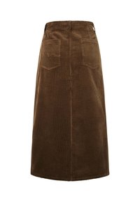 Gonna midi in corduroy marrone con righe verticali, taglio dritto, due tasche posteriori e una cintura con passante.