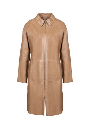 Lichtbruine leren jas met een kraag, een rits aan de voorkant en twee opgestikte zakken. Heeft lange mouwen en een rechte snit.