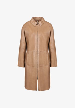 Lichtbruine leren jas met een kraag, een rits aan de voorkant en twee opgestikte zakken. Heeft lange mouwen en een rechte snit.