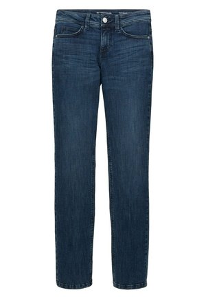 Mørkeblå denimjeans med rette ben, som har standard lommer, knaplukning foran og subtile stikninger.