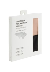 Ambalajul a două tanga invizibile din amestec de poliamidă, pentru înălțimi mari, în nuanțe nude și negru, evidențiind suport mediu, control central, respirabilitate și senzație de răcorire.