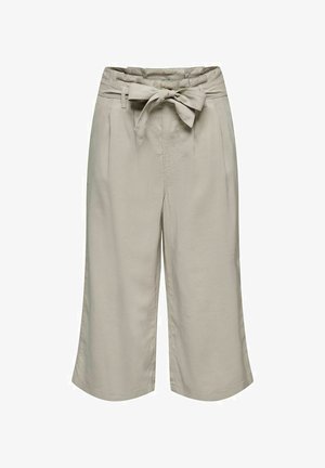 Pantaloni beige a gamba larga con dettaglio in vita legato, caratterizzati da una texture liscia e pieghe nette, progettati per una vestibilità comoda.