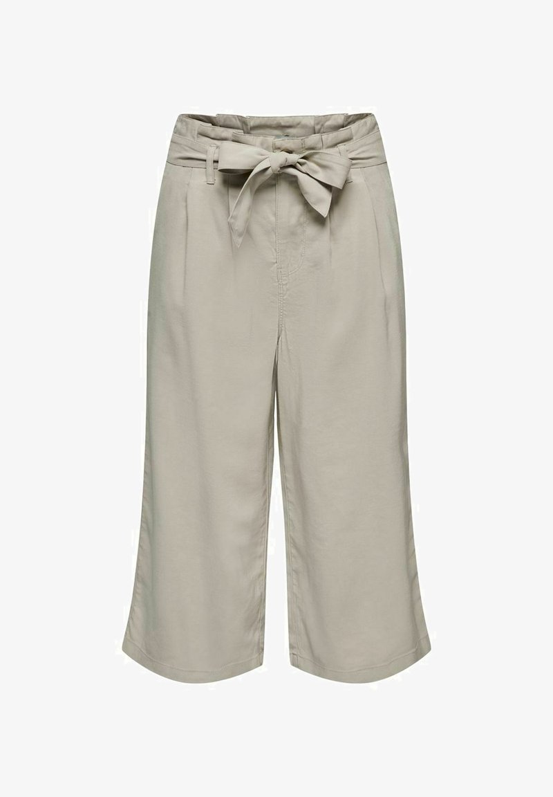 Pantalons beige à jambes larges avec un détail de taille nouée, présentant une texture lisse et des plis épurés, conçus pour un ajustement décontracté.