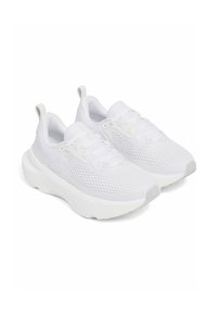 White athletic shoes with a mesh upper, round toe, and thick sole; features laces, back pull tab, and textured detailing on the sole.