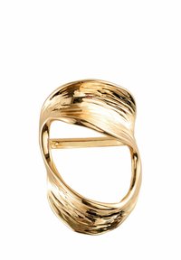 Gold-toned metal ring with a twisted, wavy design. Features polished texture and an open center for adjustable fit.