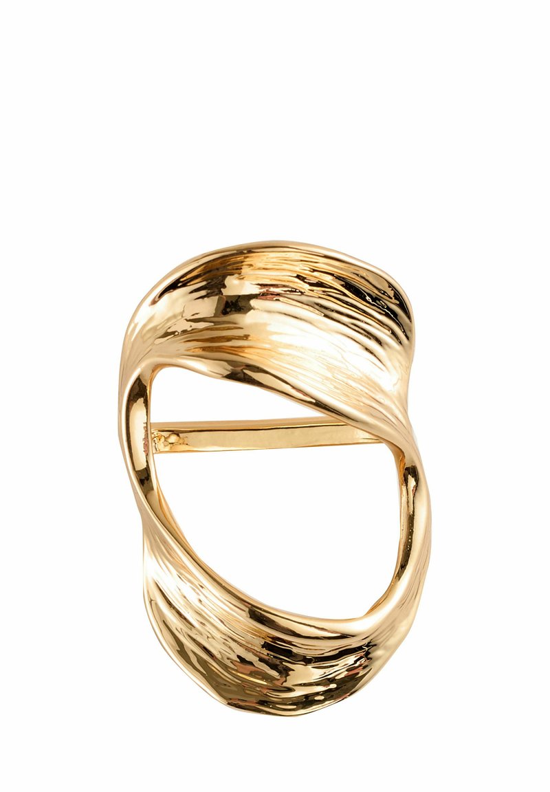 Gold-toned metal ring with a twisted, wavy design. Features polished texture and an open center for adjustable fit.