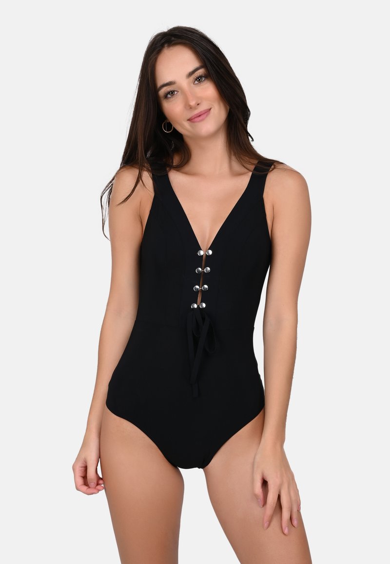 Black one-piece swimsuit with a deep V-neck, adjustable front tie, and decorative silver button details on the torso. Smooth fabric texture.