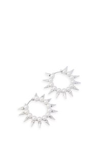 Sølv hoops øreringe med vekslende hvide perler og stødender. Designet er cirkulært med jævnt fordelt elementer over det hele.