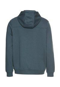 Donkerblauwe hoodie gezien vanuit de achterkant, met een eenvoudig ontwerp, lange mouwen en een geribbelde zoom.