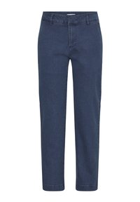 Tengerészkék egyenes szárú farmernadrág farmer anyagból, klasszikus derékpánttal, elülső zsebekkel és sima felülettel.