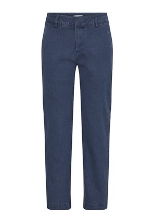 Marineblå straight-leg jeans lavet af denim, med en klassisk talje, forlommer og en glat tekstur.