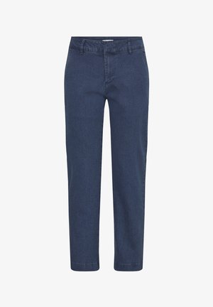 Jeansy o prostych nogawkach w kolorze granatowym wykonane z denimu, z klasycznym pasem, przednimi kieszeniami i gładką fakturą.