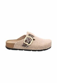 Zoccoli in feltro color beige con fibbia dorata e cinturino con stampa leopardata, suola leggera simile al sughero, punta arrotondata e design aperto sul retro.