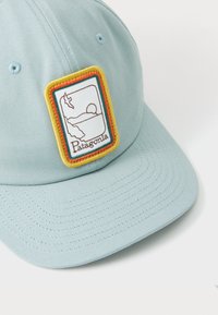 Casquette bleu clair en tissu avec une visière plate. Comprend un patch brodé rectangulaire avec un motif de montagne et de soleil et le texte "Patagonia".