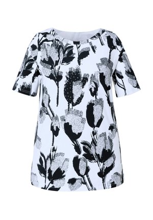 Valkoinen lyhythihainen pusero pyöreällä pääntiellä, jossa on musta ja harmaa kukkakuvio kankaalla.