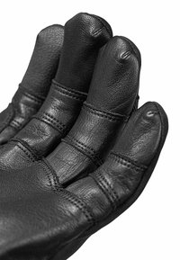 Black leather gloves with a textured finish, featuring articulated fingers and visible stitching details for enhanced dexterity and fit.
