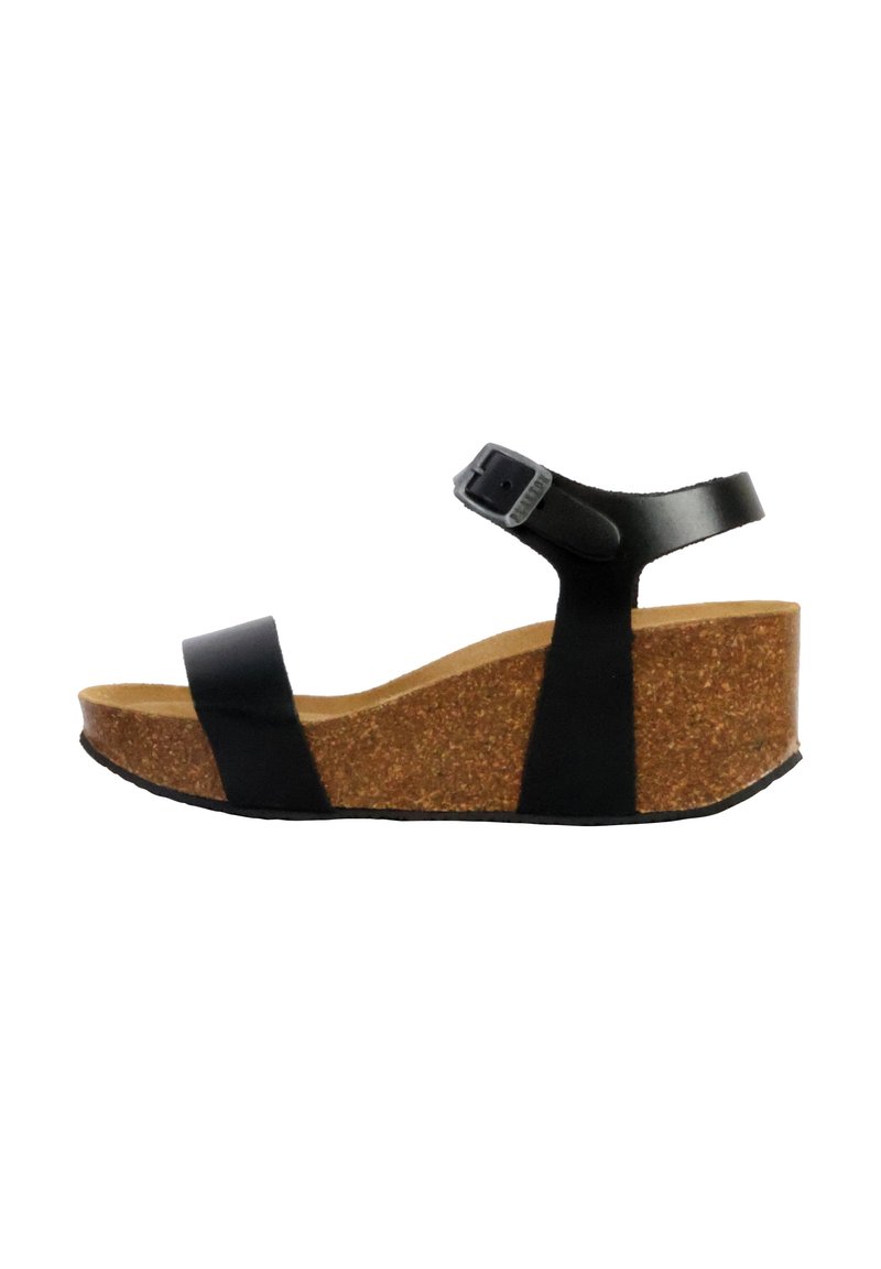 Sandalo wedge nero con piattaforma in sughero, cinturino alla caviglia regolabile e due fasce larghe. Il materiale sembra sintetico con una texture liscia.