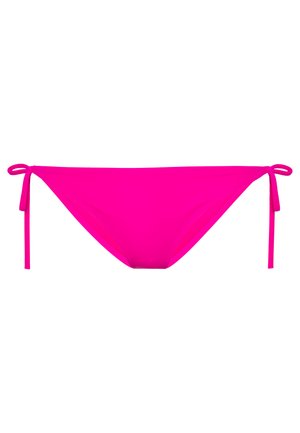 Parte inferiore di bikini fucsia con lacci laterali, realizzata in un tessuto liscio e elastico. Caratterizzata da un design elegante e una vita bassa.