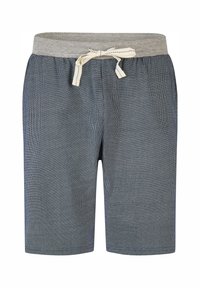 Herrshorts i ett marinblått och vitt randigt mönster, med en grå elastisk midja och dragsko. Kort längd, vävt tyg.