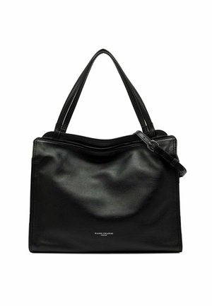 Zwarte leren tote bag met dubbele handvatten, ritsluiting en een gladde textuur. Heeft subtiele branding aan de voorkant. Ruimtelijk ontwerp.
