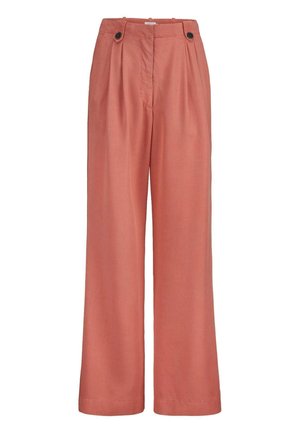 Wijde broek met hoge taille in gedempte terracottakleur, met plooien, zijknopen aan de tailleband en een verborgen sluiting aan de voorkant.