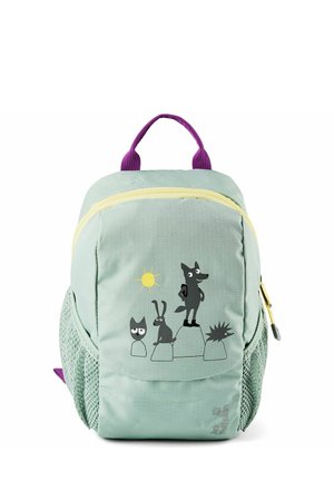 Sac à dos vert clair avec poignée violette, fermeture éclair jaune, et animaux de dessin animé (chat, lapin, loup, hérisson) sous un soleil jaune sur la poche avant.