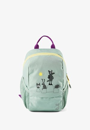 Hellgrüner Rucksack mit lila Griff, gelbem Reißverschluss und Cartoon-Tieren (Katze, Hase, Wolf, Igel) unter einer gelben Sonne auf der Vordertasche.