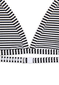 Mustat ja valkoiset raidalliset kolmionmuotoiset bikinitopit, joissa on säädettävät hihnat ja muovinen solki takana. Sileä, joustava kangas.