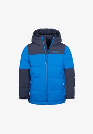 Padded Jacke mit blauem Oberkörper und dunklen Marine-Ärmeln, ausgestattet mit einer Kapuze, Reißverschluss und zwei Seitentaschen. Mit Logo-Details akzentuiert.