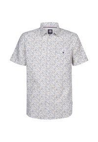 Cămașă cu mâneci scurte dintr-un material ușor, cu un model floral în nuanțe de albastru, galben și verde. Include un buzunar la piept și închidere cu nasturi.