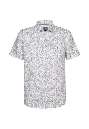 Kortärmelig overhemd van lichte stof met een bloemenpatroon in blauwe, gele en groene tinten. Voorzien van een borstzak en een knoopsluiting.