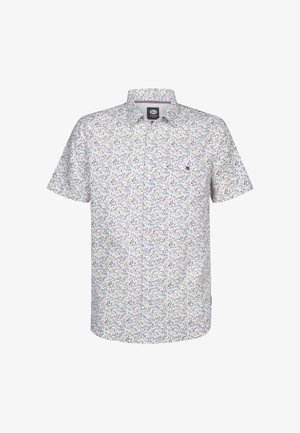 Cămașă cu mâneci scurte dintr-un material ușor, cu un model floral în nuanțe de albastru, galben și verde. Include un buzunar la piept și închidere cu nasturi.