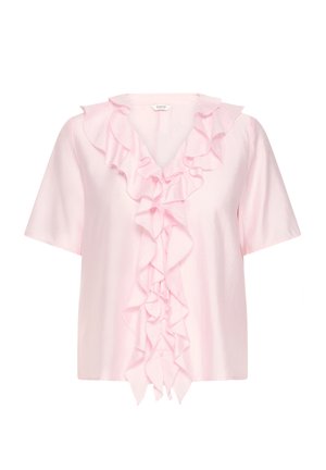 Blusa rosa chiaro a maniche corte con bottoni sul davanti e rifinitura arricciata lungo lo scollo e al centro davanti.