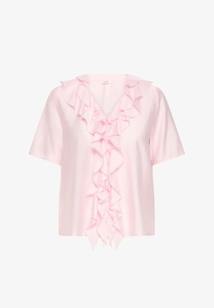 Blusa rosa chiaro a maniche corte con bottoni sul davanti e rifinitura arricciata lungo lo scollo e al centro davanti.