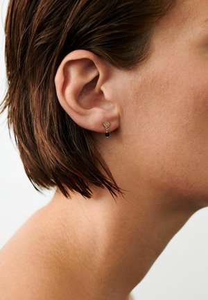 Nahaufnahme des rechten Ohrs einer Person mit kurzen braunen Haaren, die einen kleinen goldenen Ohrring mit einer hängenden schwarzen Perle trägt.