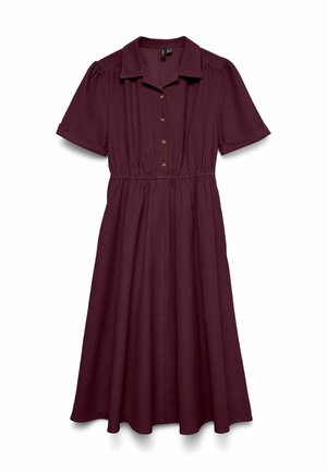 Bordeaux jurk met korte mouwen, kraag halslijn, knopen aan de voorkant en een elastische taille, met een flared rok en een zachte textuur.
